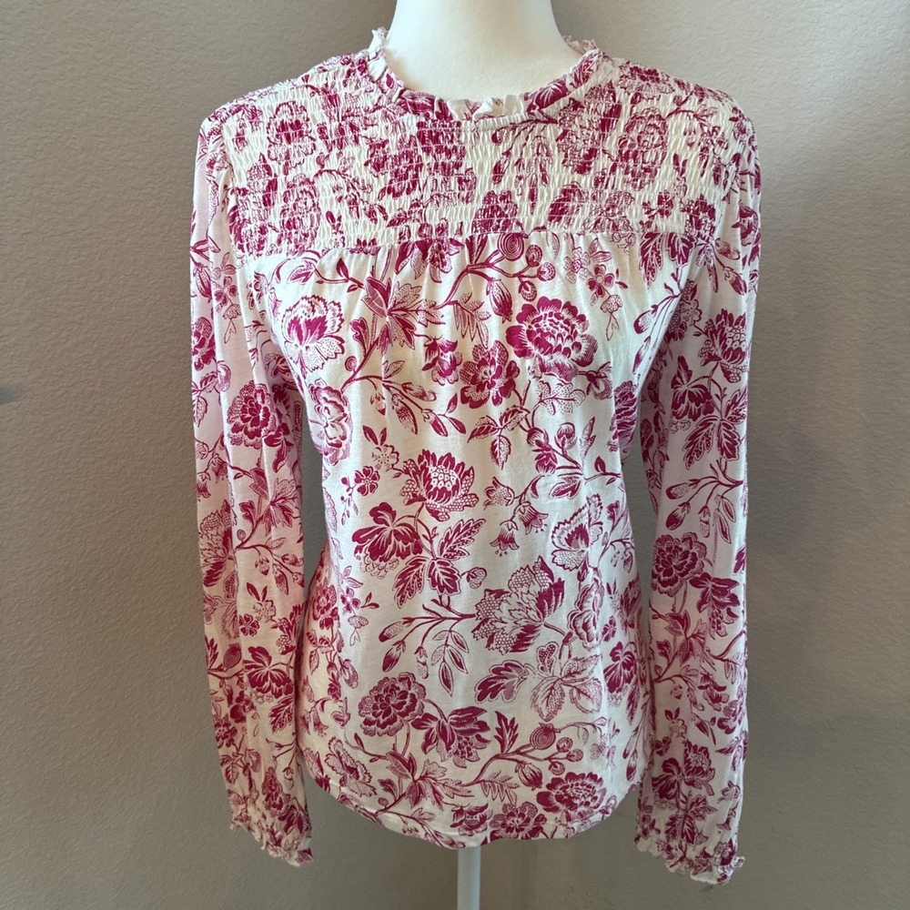 Lucky Brand Womens Floral Print Long Sleeve Blouse Size Large Smocked Pink White